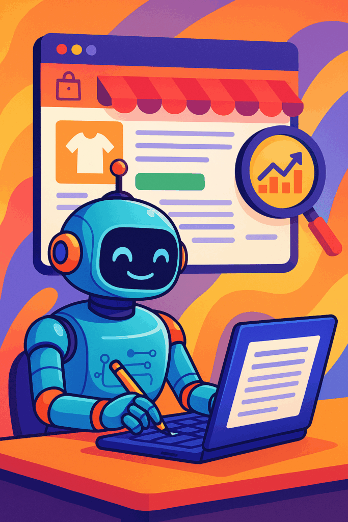 Illustration of a friendly AI writing content on a laptop for an online Shopify store with SEO optimization graphics